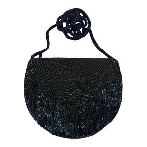 Vintage 90s Blue Gold Beaded Peacock Crossbody Evening Bag